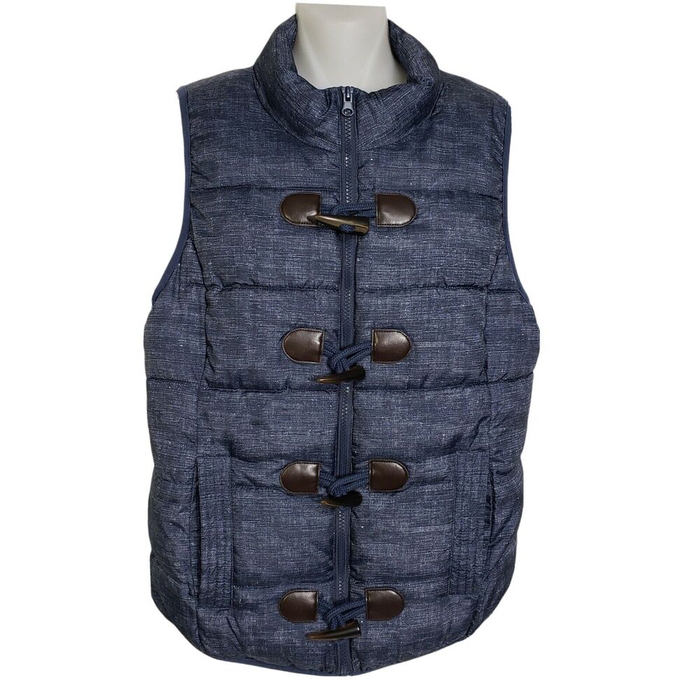 Ruff Hewn Womens Puffer Vest Medium Blue Full Zip Toggle Wooden Buttons Pockets